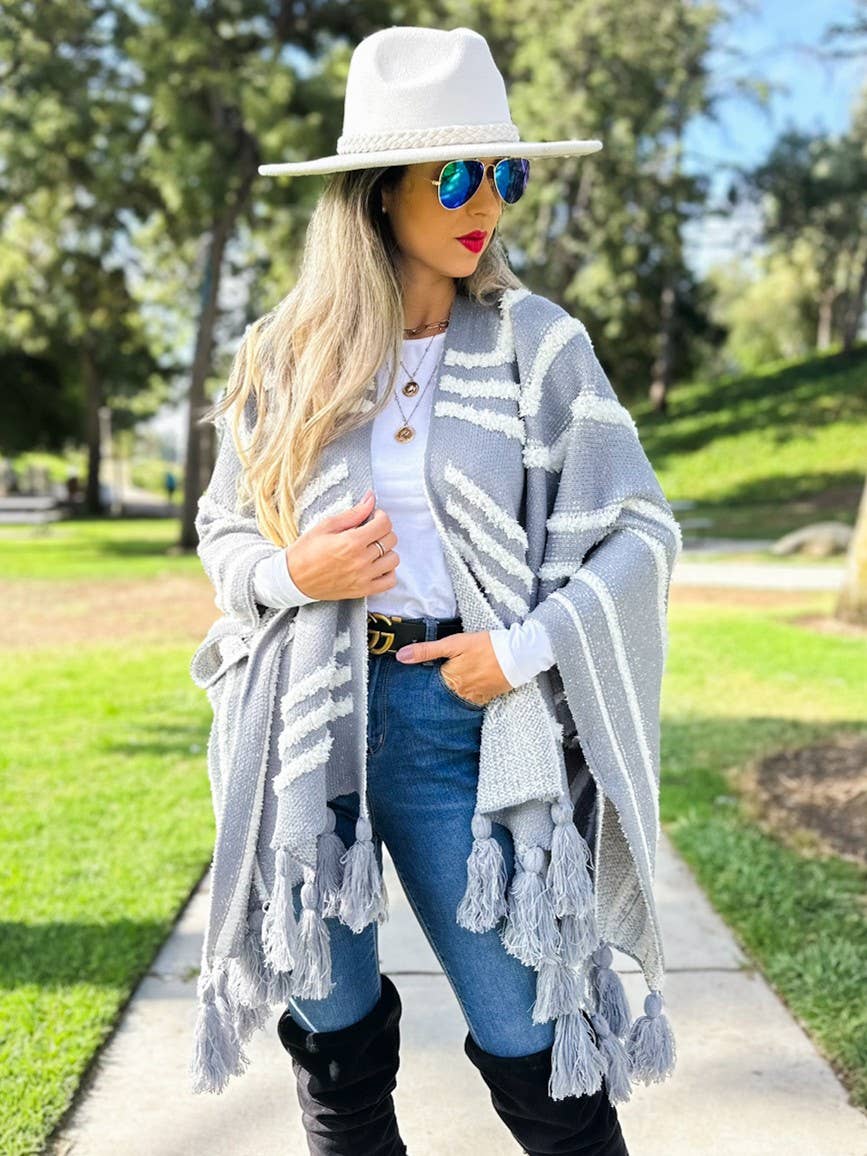 Boho Textured Chunky Knit Tassel Ruana Cardigan