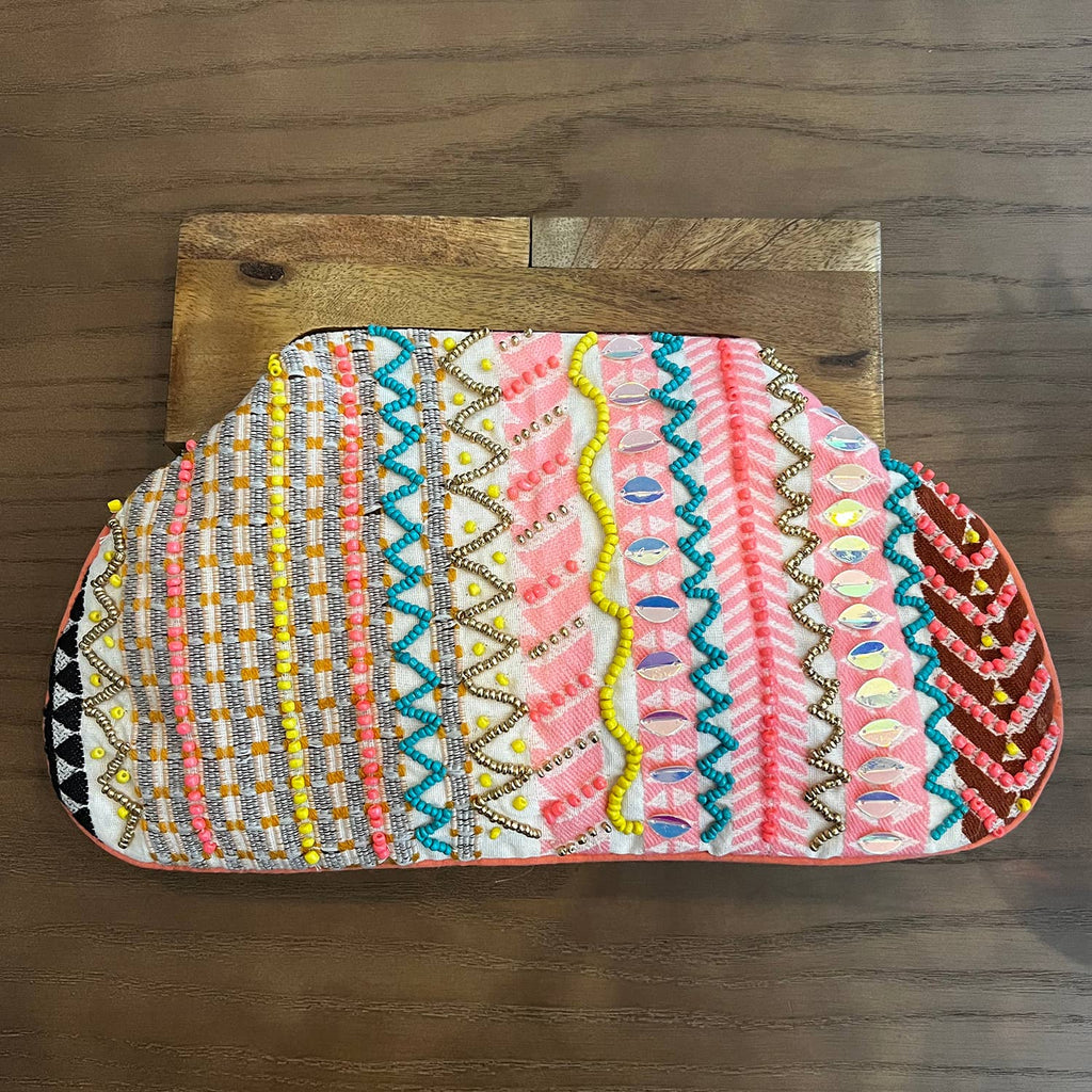 DR9693 Beaded Clutch Bag with Wooden Handle for Women