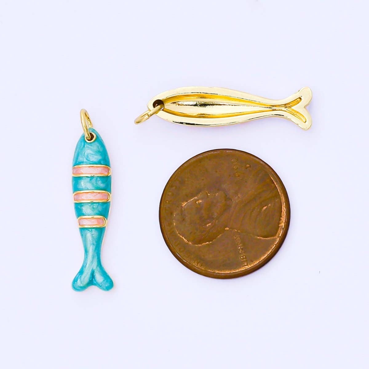 24K Gold Filled 24mm Teal, Orange, Purple Enamel Stripes Sea Creature Sardine Fish Charm | AF1502 AF1503