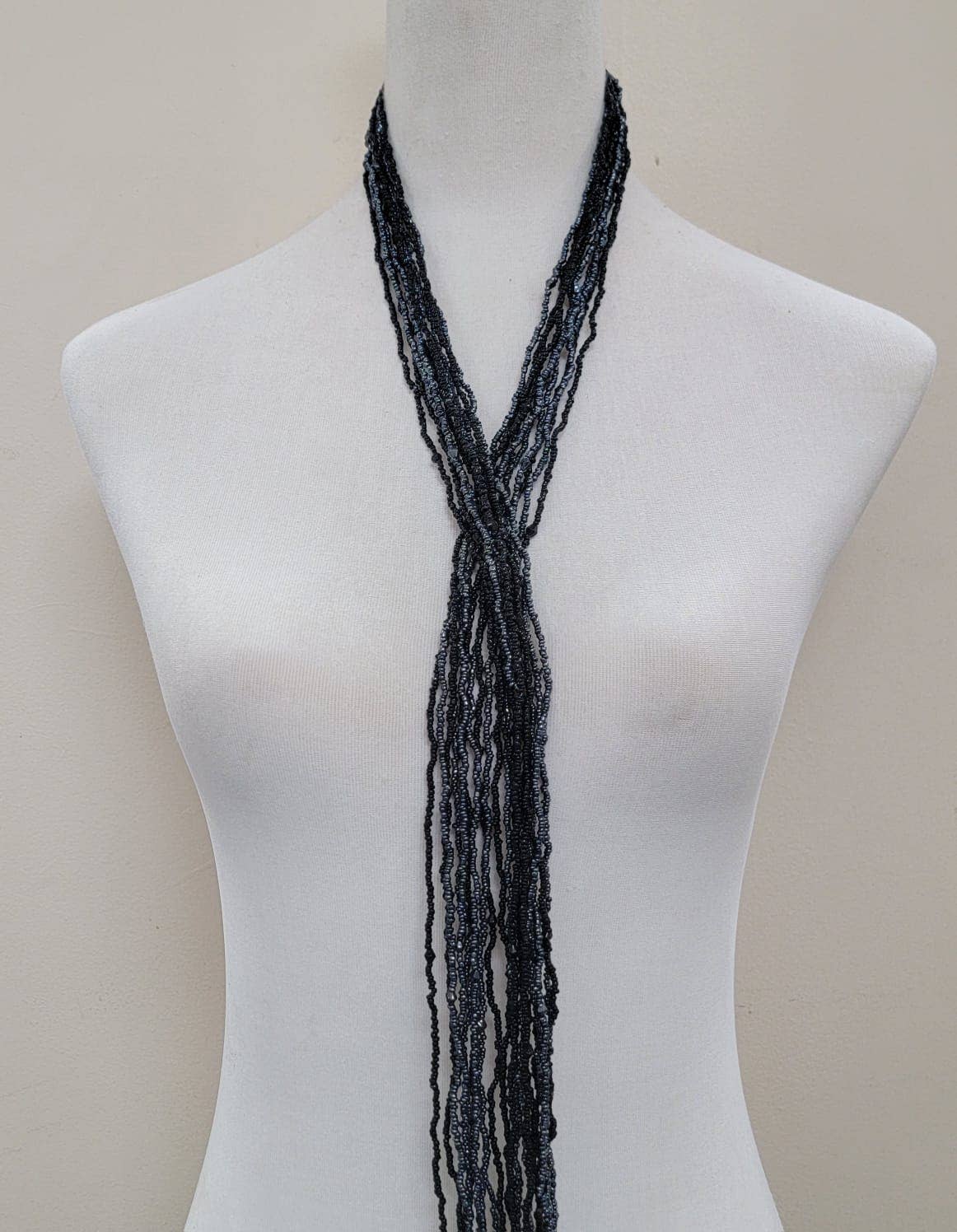 Seed Bead Multi-strand Long Necklace Features Scarf-Style