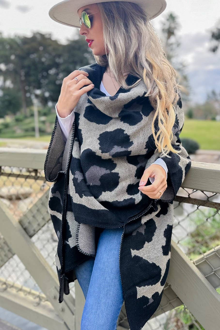 Boho Large Leopard Print Knit Ruana Cardigan