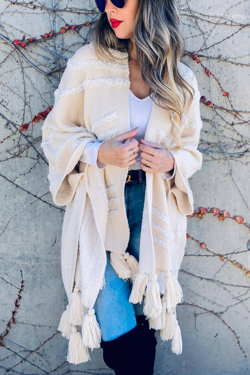 Boho Textured Chunky Knit Tassel Ruana Cardigan
