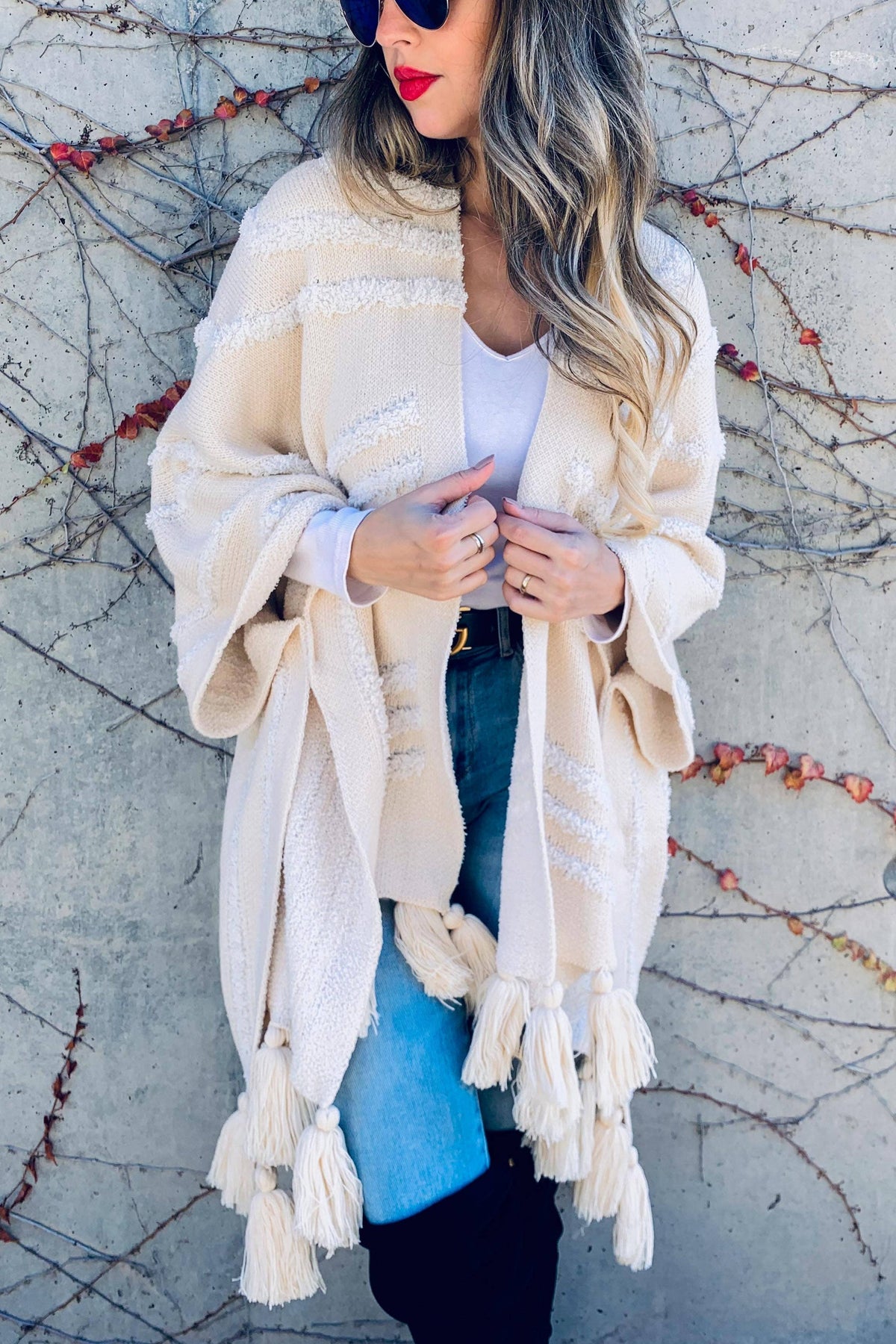 Boho Textured Chunky Knit Tassel Ruana Cardigan
