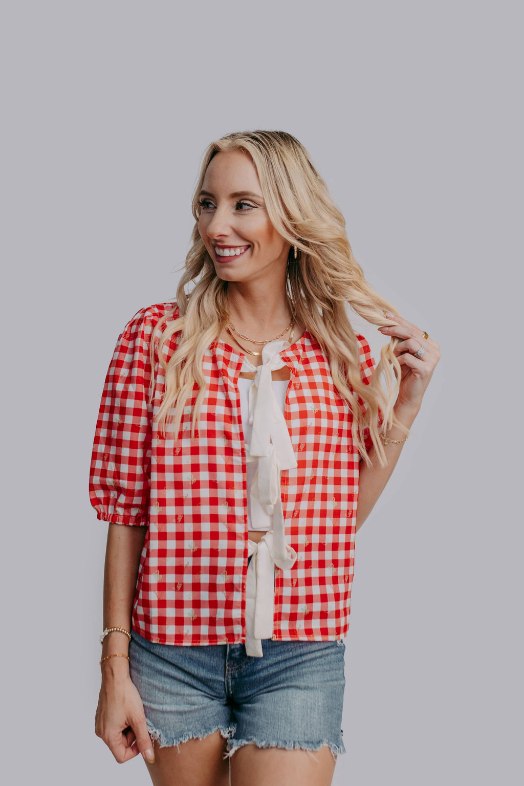 MK621 Plaid Front Tie Blouse