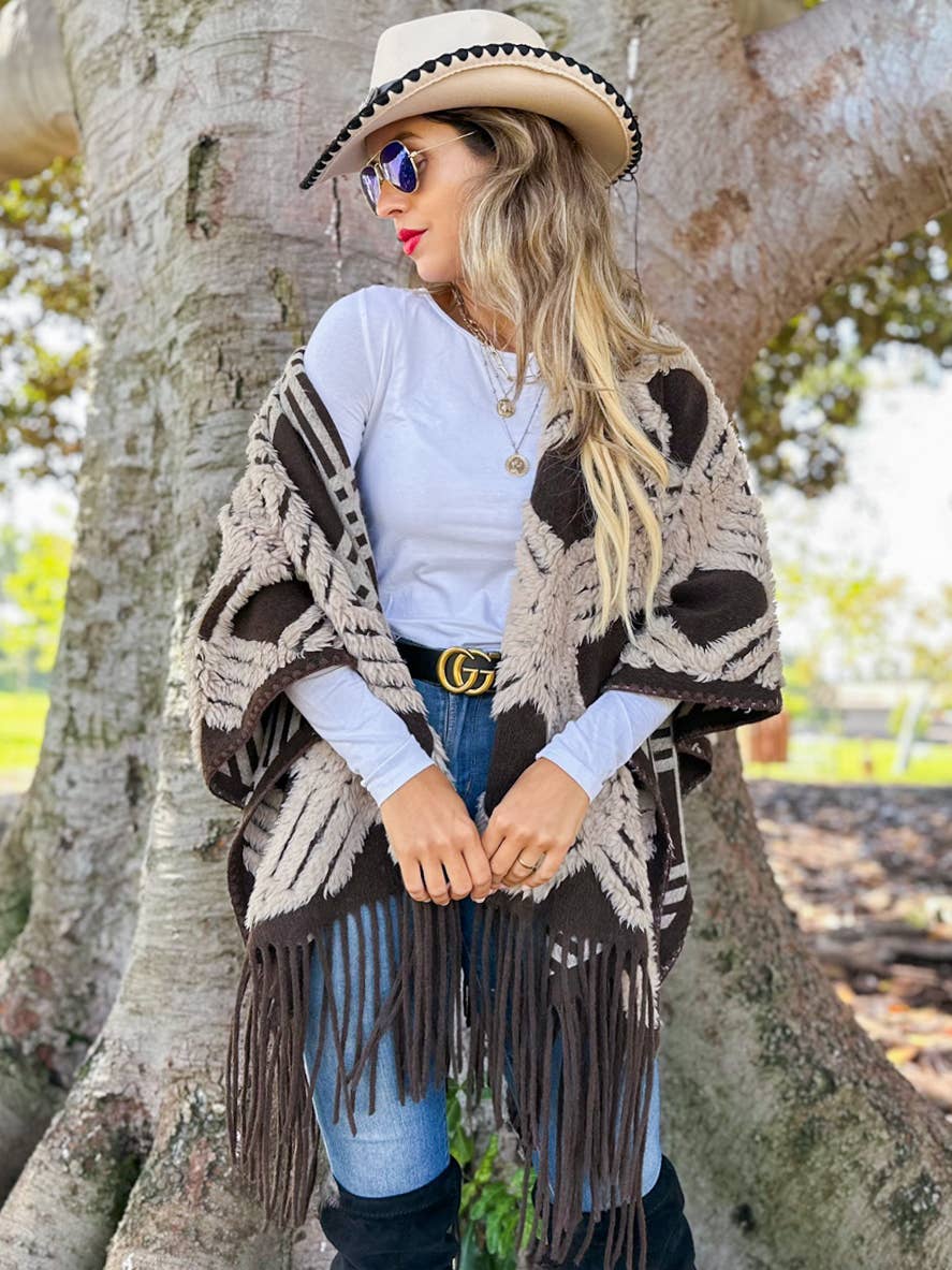 Western Boho 3D Textured Geometric Fringe Ruana Cardigan