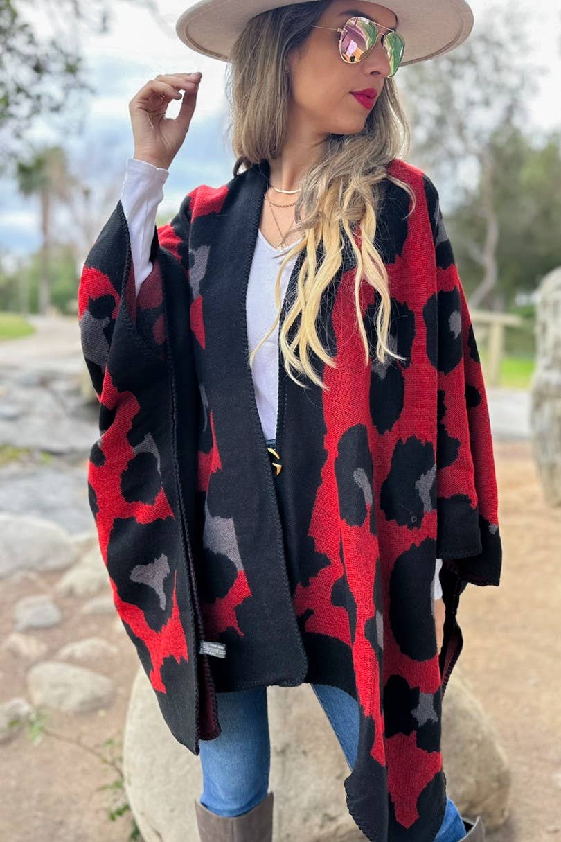 Boho Large Leopard Print Knit Ruana Cardigan