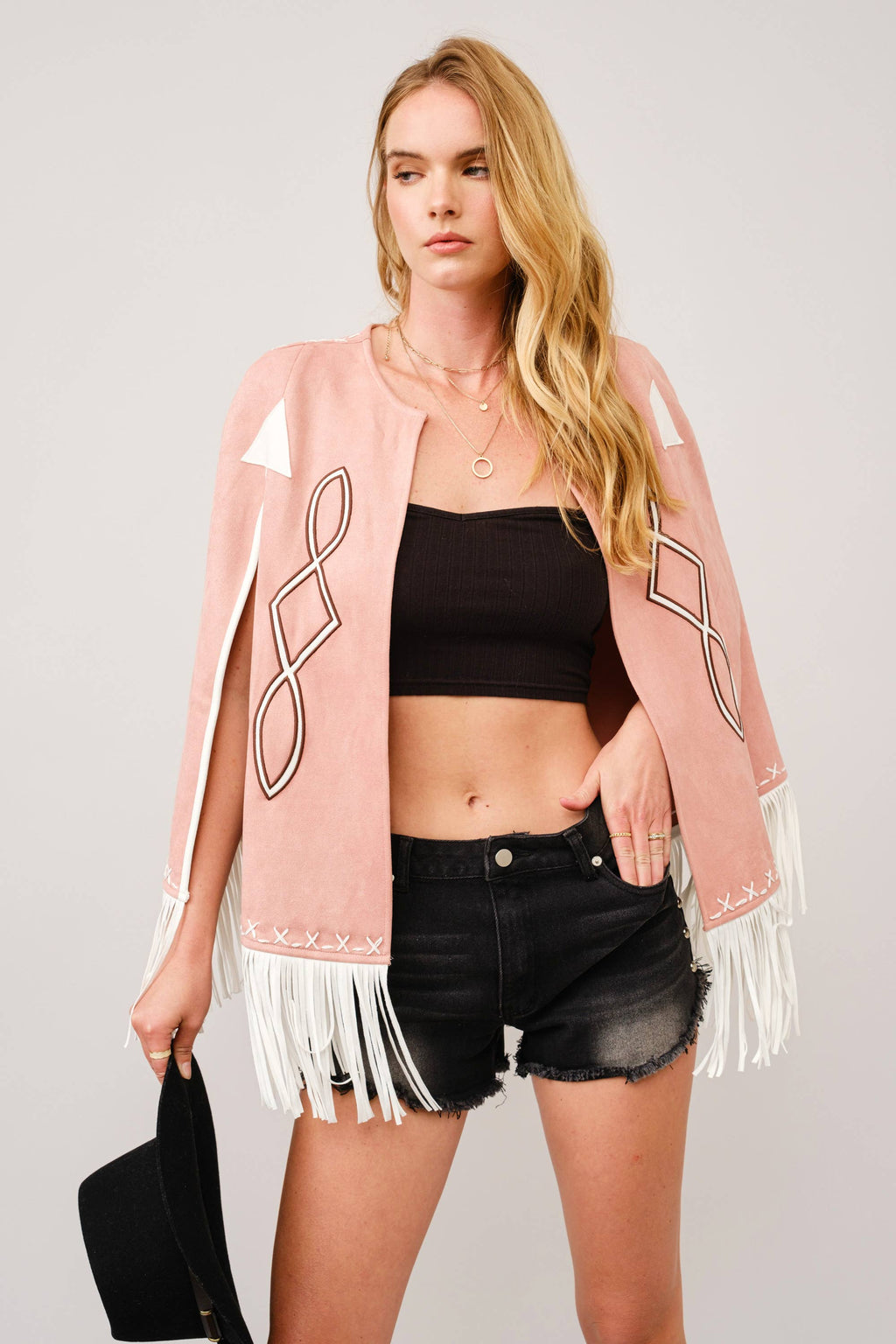 36306J - Fringe Detail Open Cape Jacket