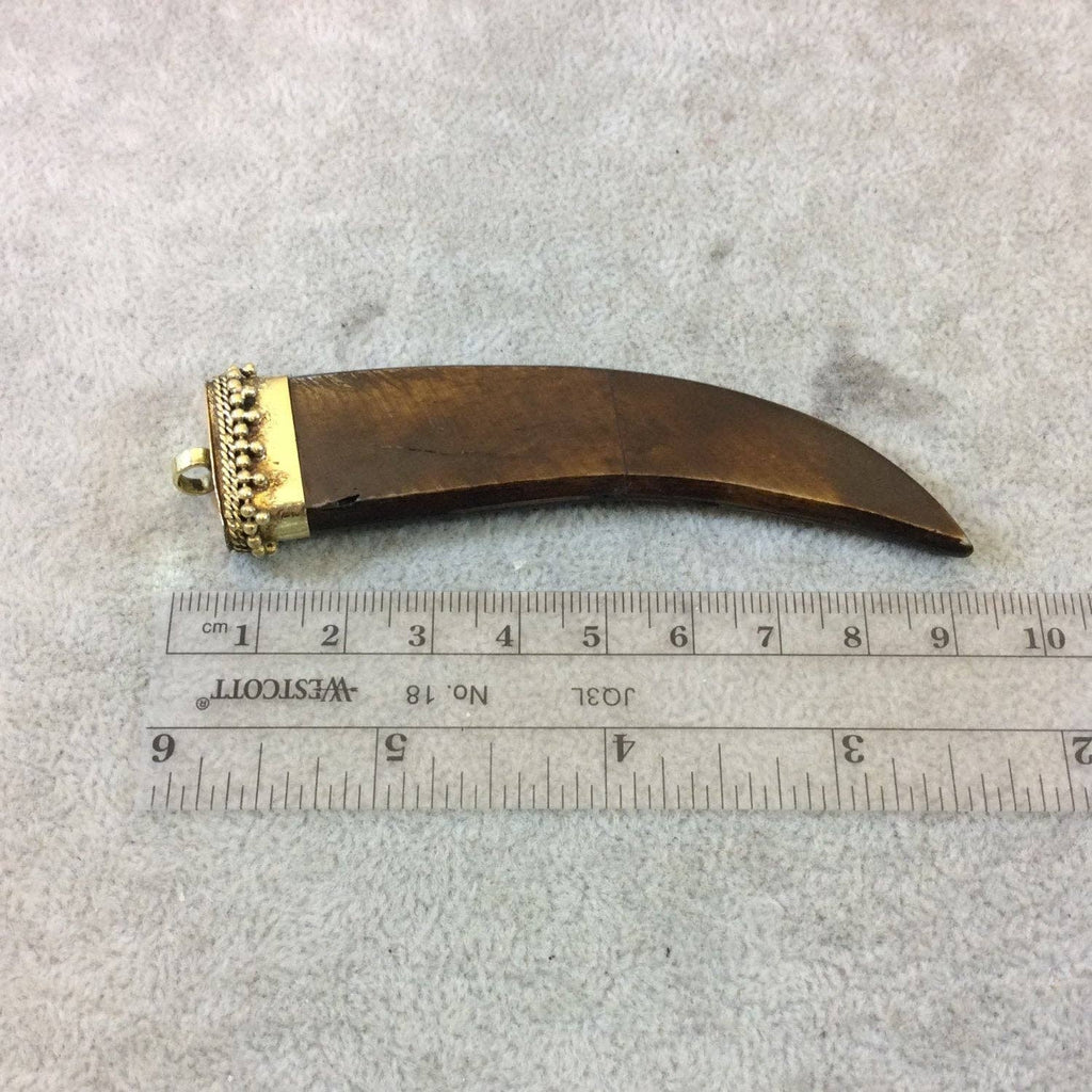 Brown Flat Tusk Natural Ox Bone Pendant with Dotted Gold cap