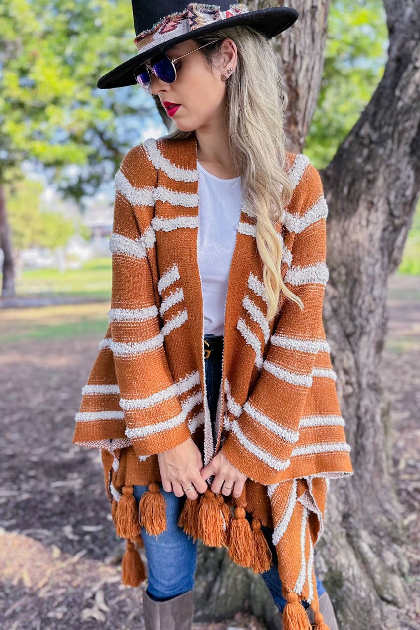 Boho Textured Chunky Knit Tassel Ruana Cardigan