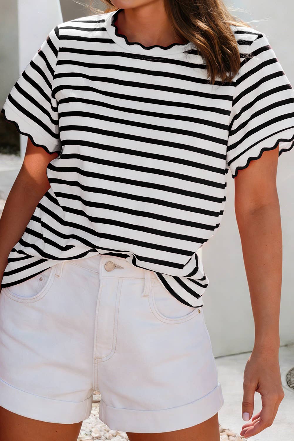 LDC Scalloped Trim Round Neck Stripe T Shirt| S-4X