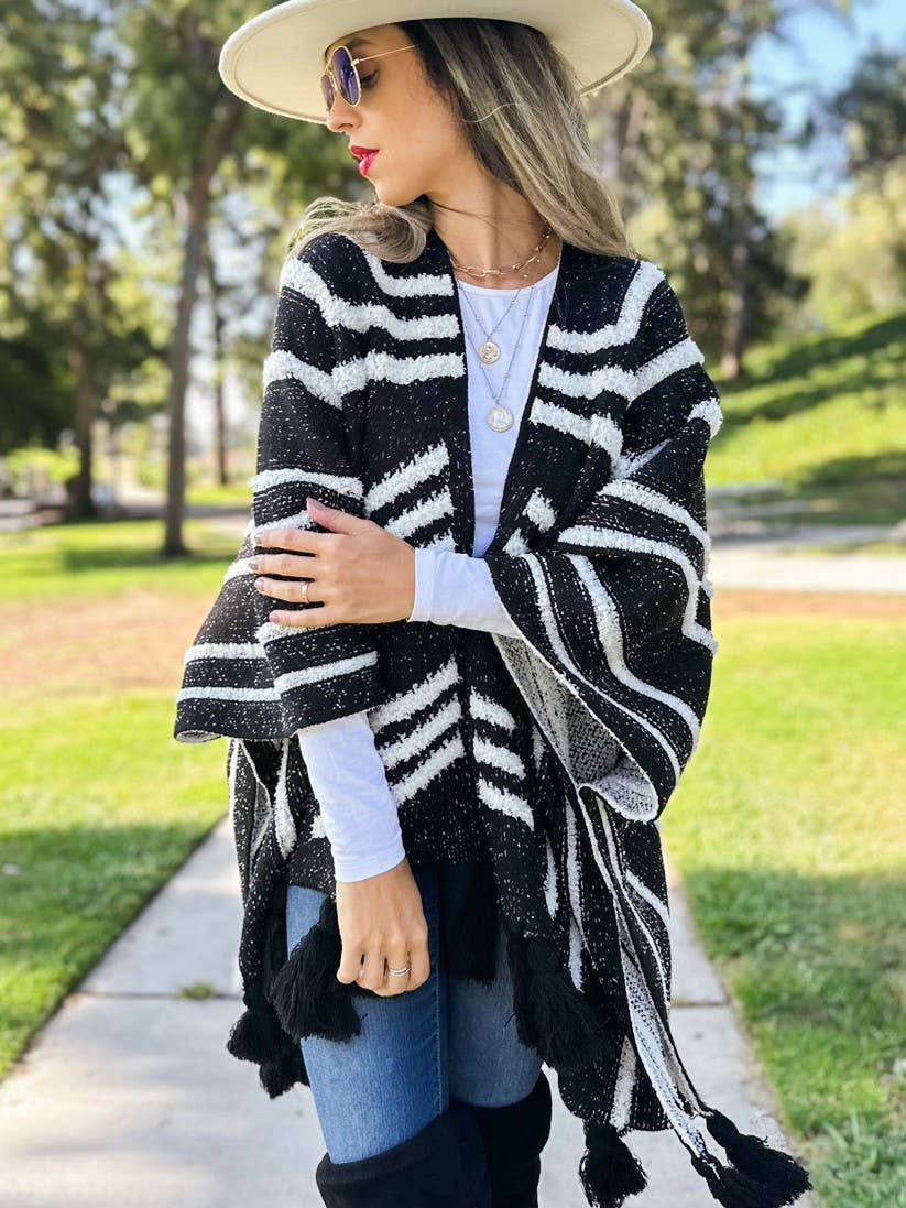 Boho Textured Chunky Knit Tassel Ruana Cardigan