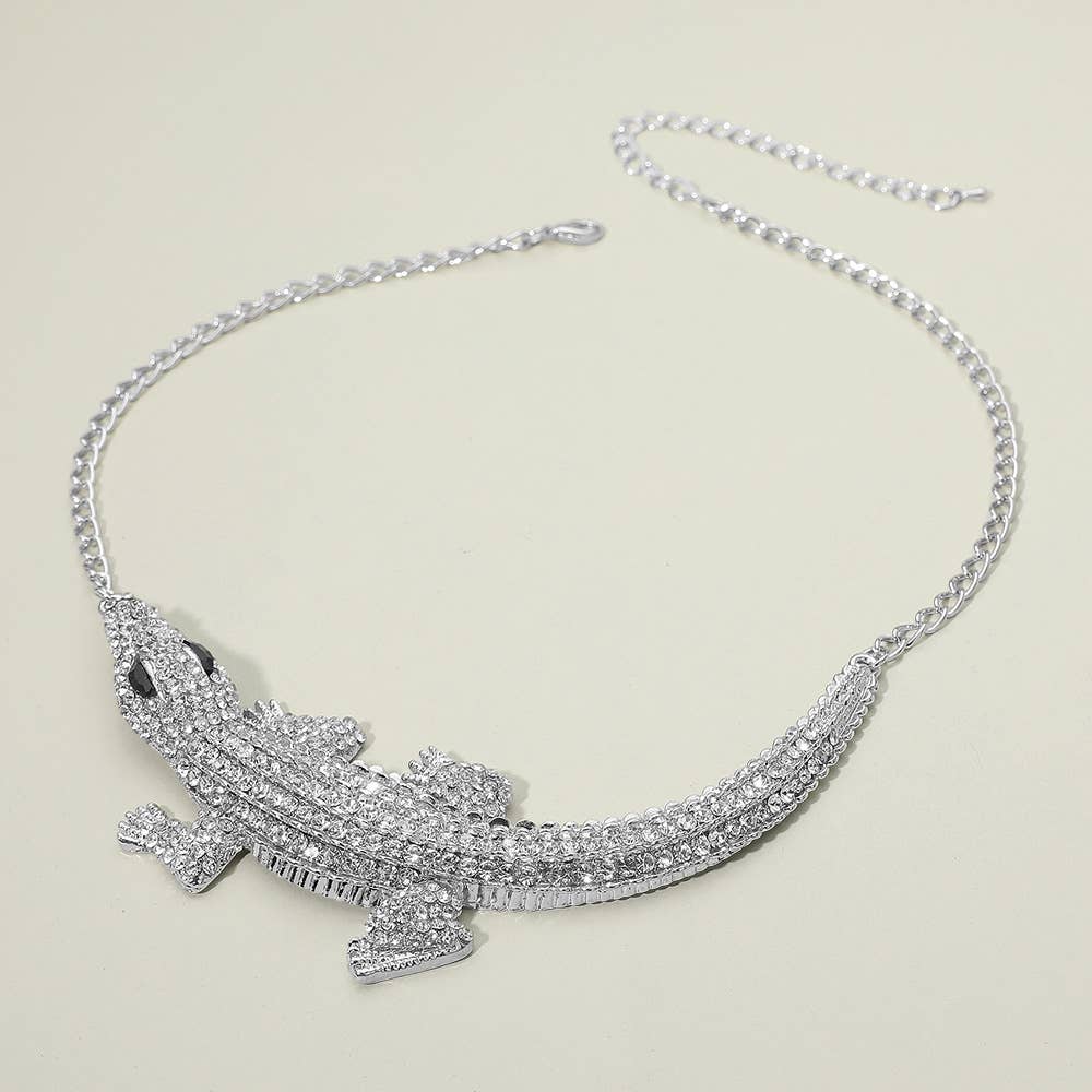 Rhinestone Paved Bold Alligator Accent Statement Necklace