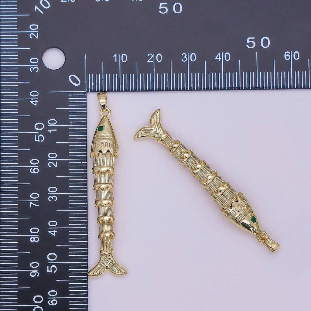 24K Gold Filled Green CZ Multidimensional Artisan Fish Charm | AA965