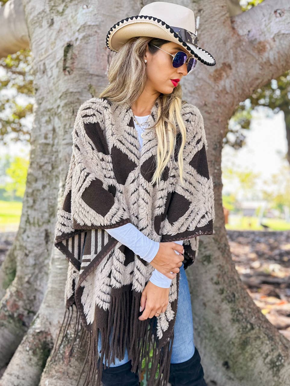 Western Boho 3D Textured Geometric Fringe Ruana Cardigan