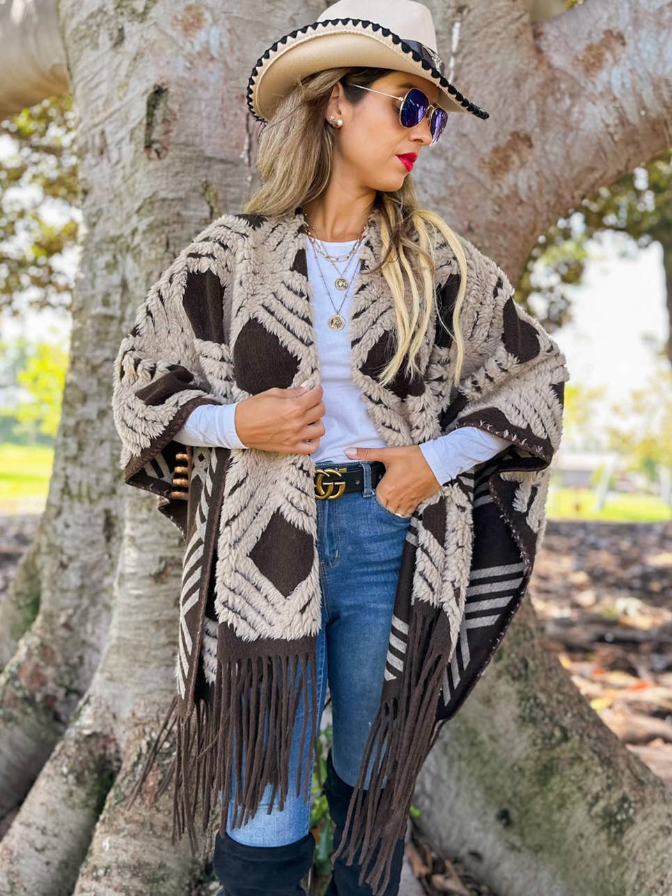 Western Boho 3D Textured Geometric Fringe Ruana Cardigan