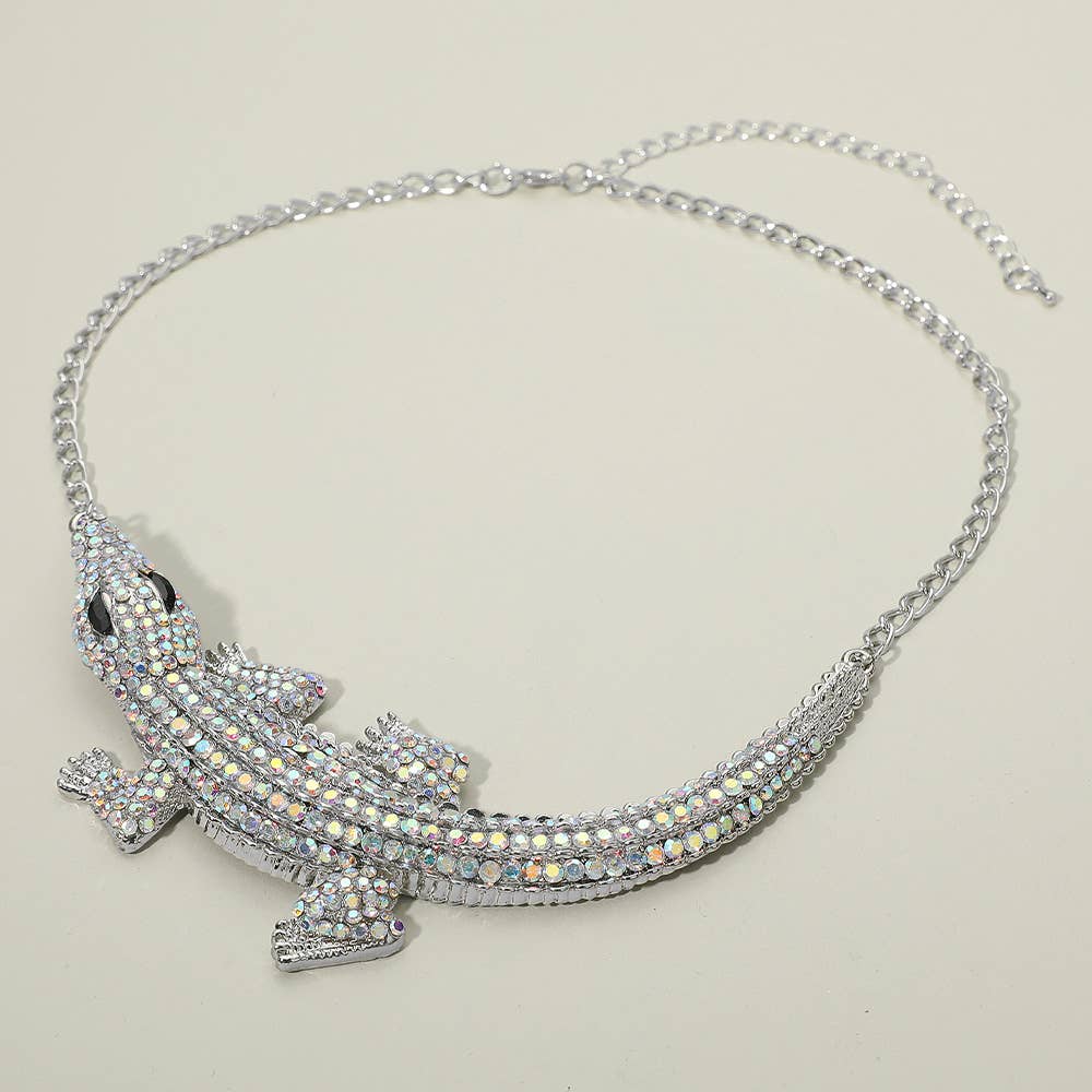 Rhinestone Paved Bold Alligator Accent Statement Necklace