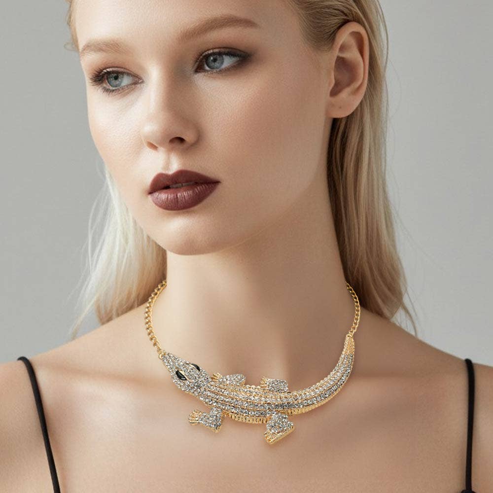 Rhinestone Paved Bold Alligator Accent Statement Necklace