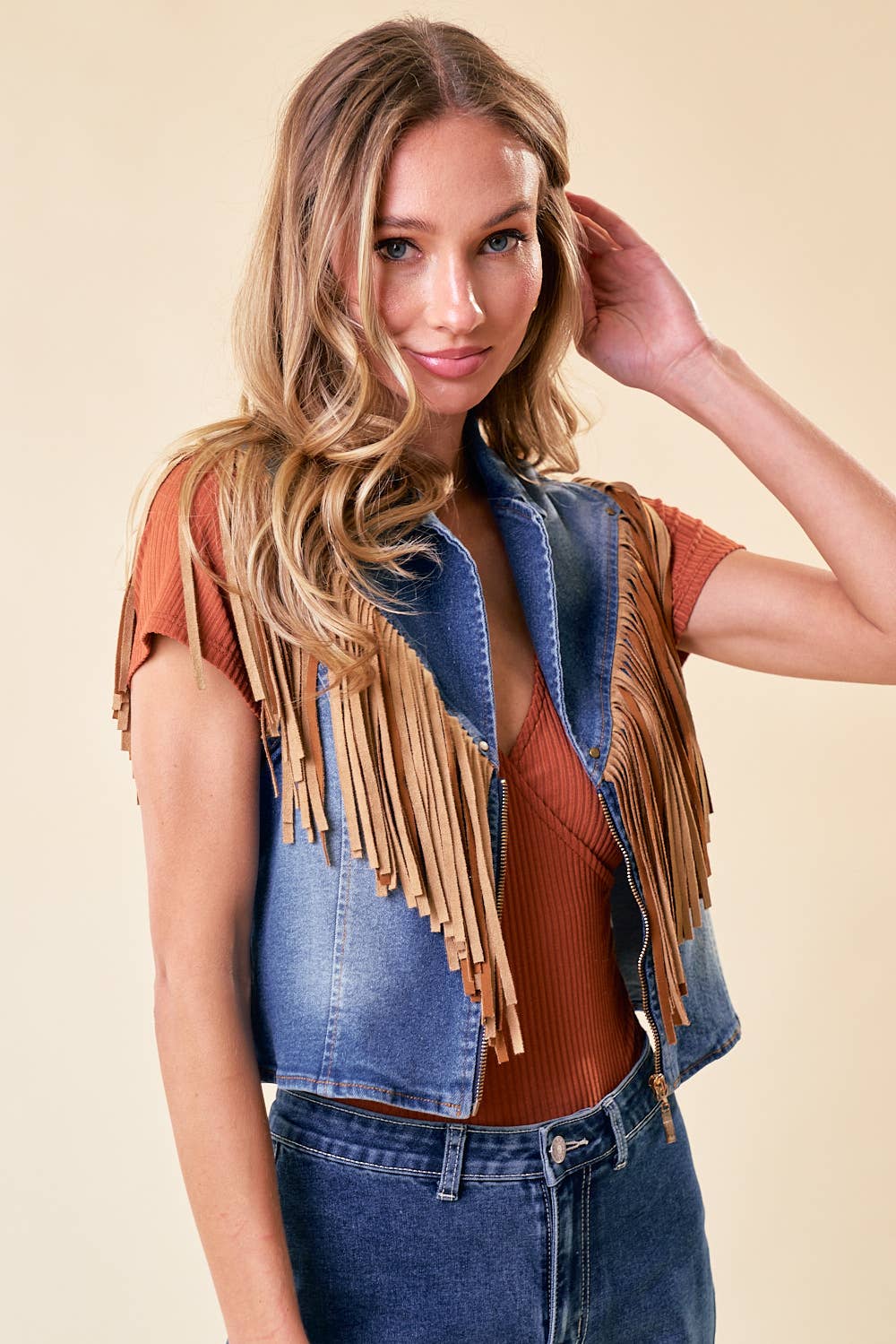 SIJ5261B MED WASH WESTERN FRINGE DENIM MOTOR ZIP UP  VEST