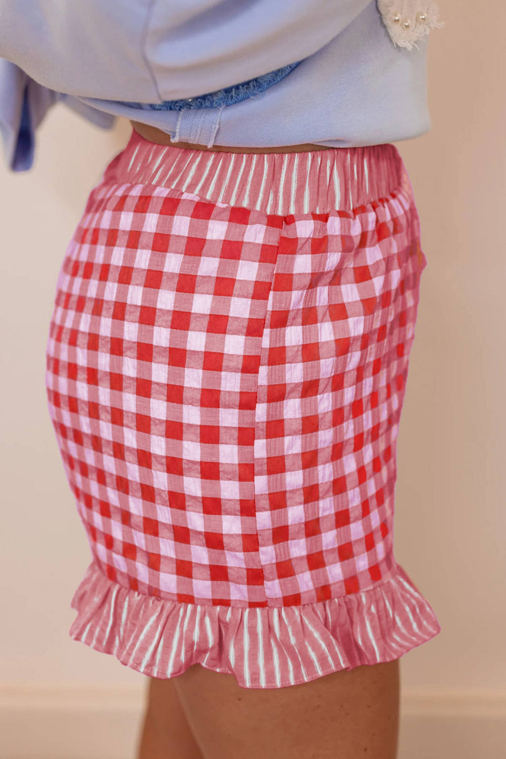 66 Plaid Checkered Gingham Print Ruffled Shorts (S-XL)