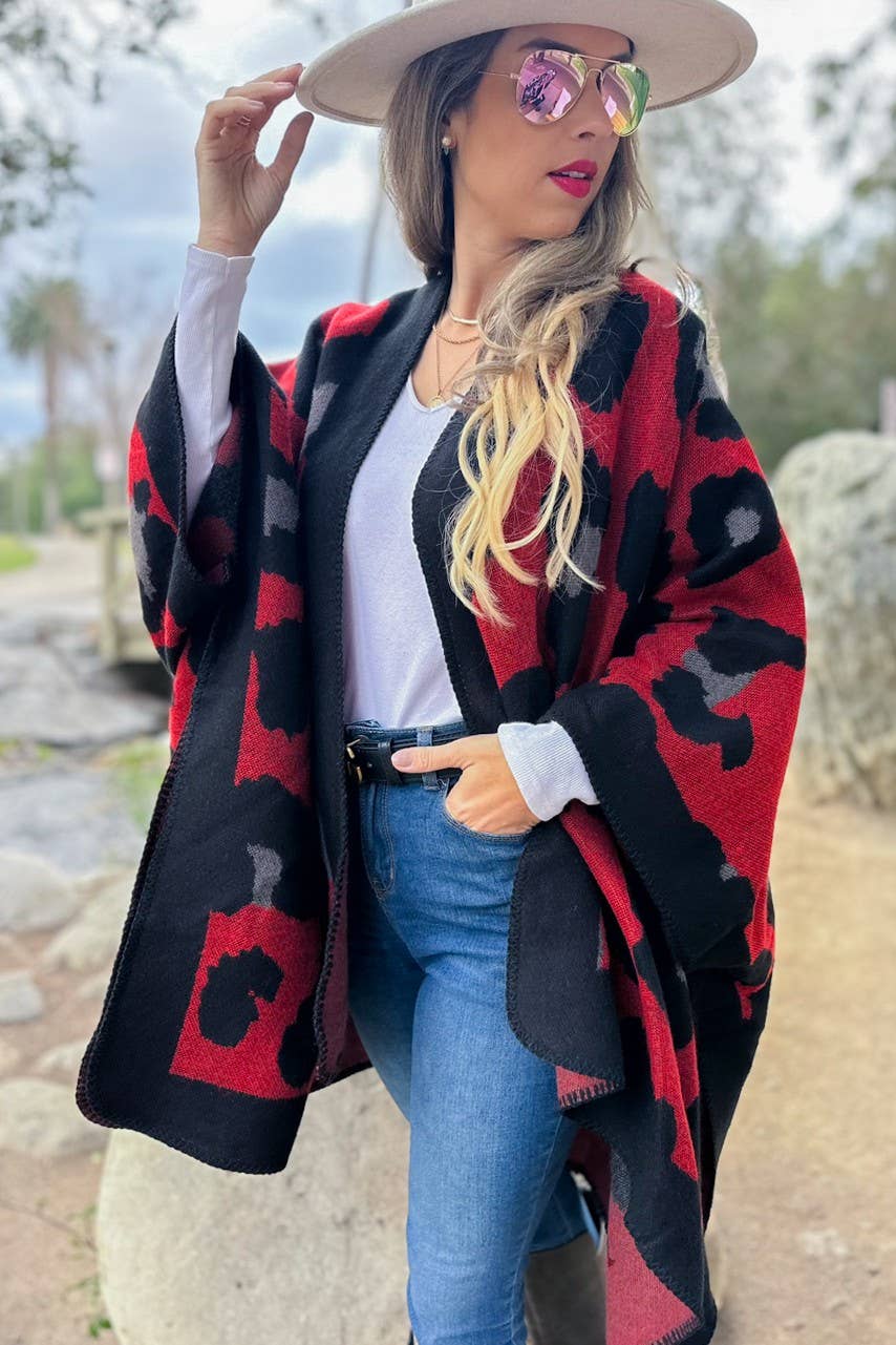 Boho Large Leopard Print Knit Ruana Cardigan
