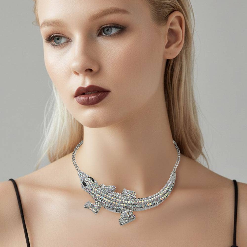 Rhinestone Paved Bold Alligator Accent Statement Necklace