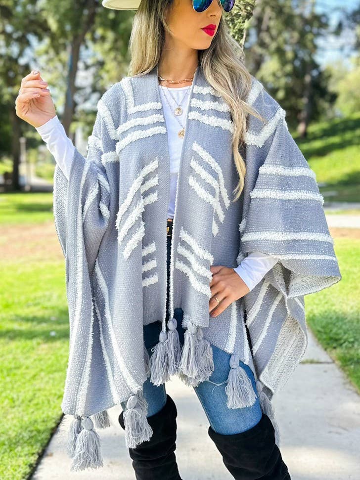 Boho Textured Chunky Knit Tassel Ruana Cardigan