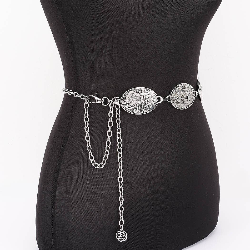 Floral Engraved Oval Medallion Chain Belt