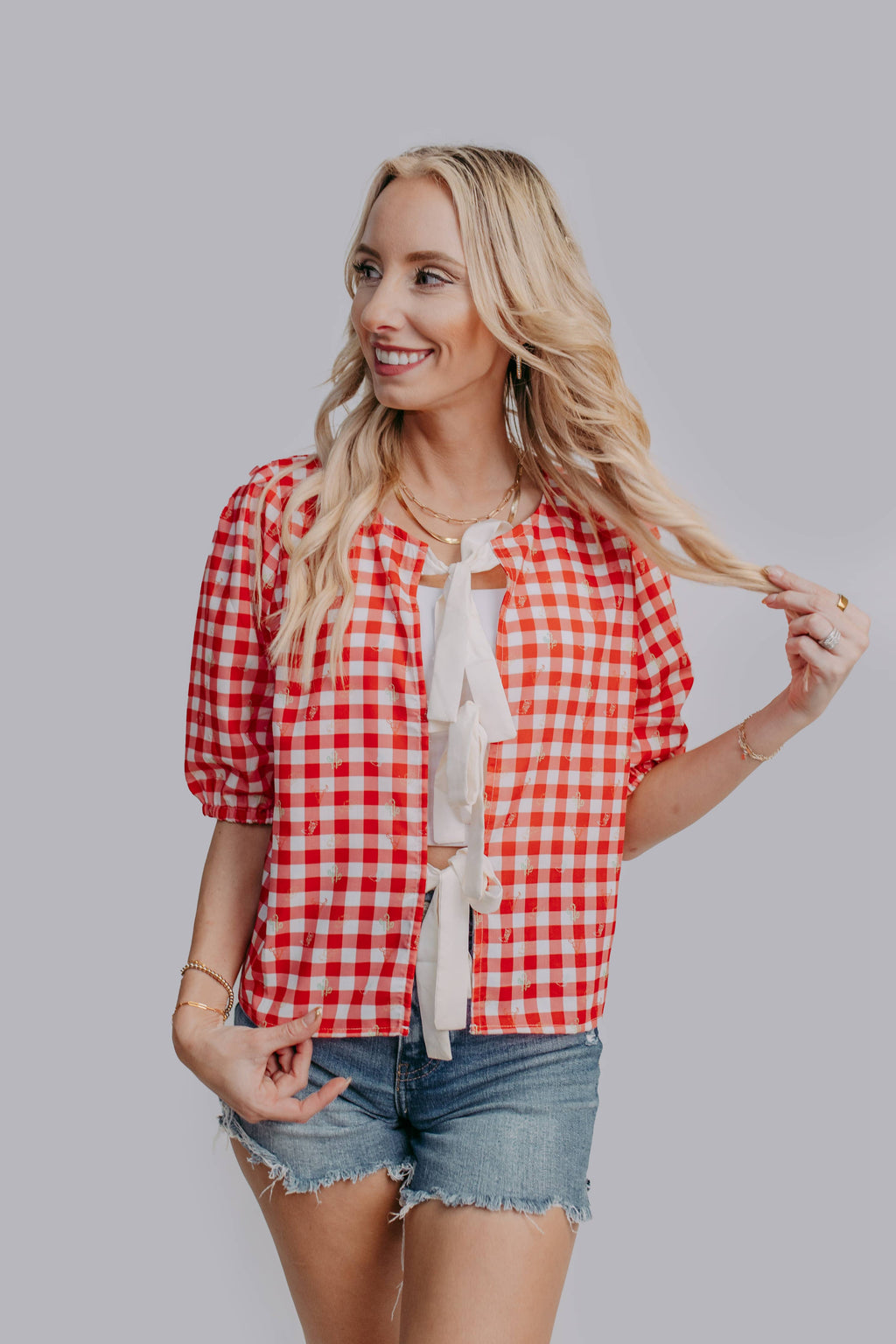 MK621 Plaid Front Tie Blouse