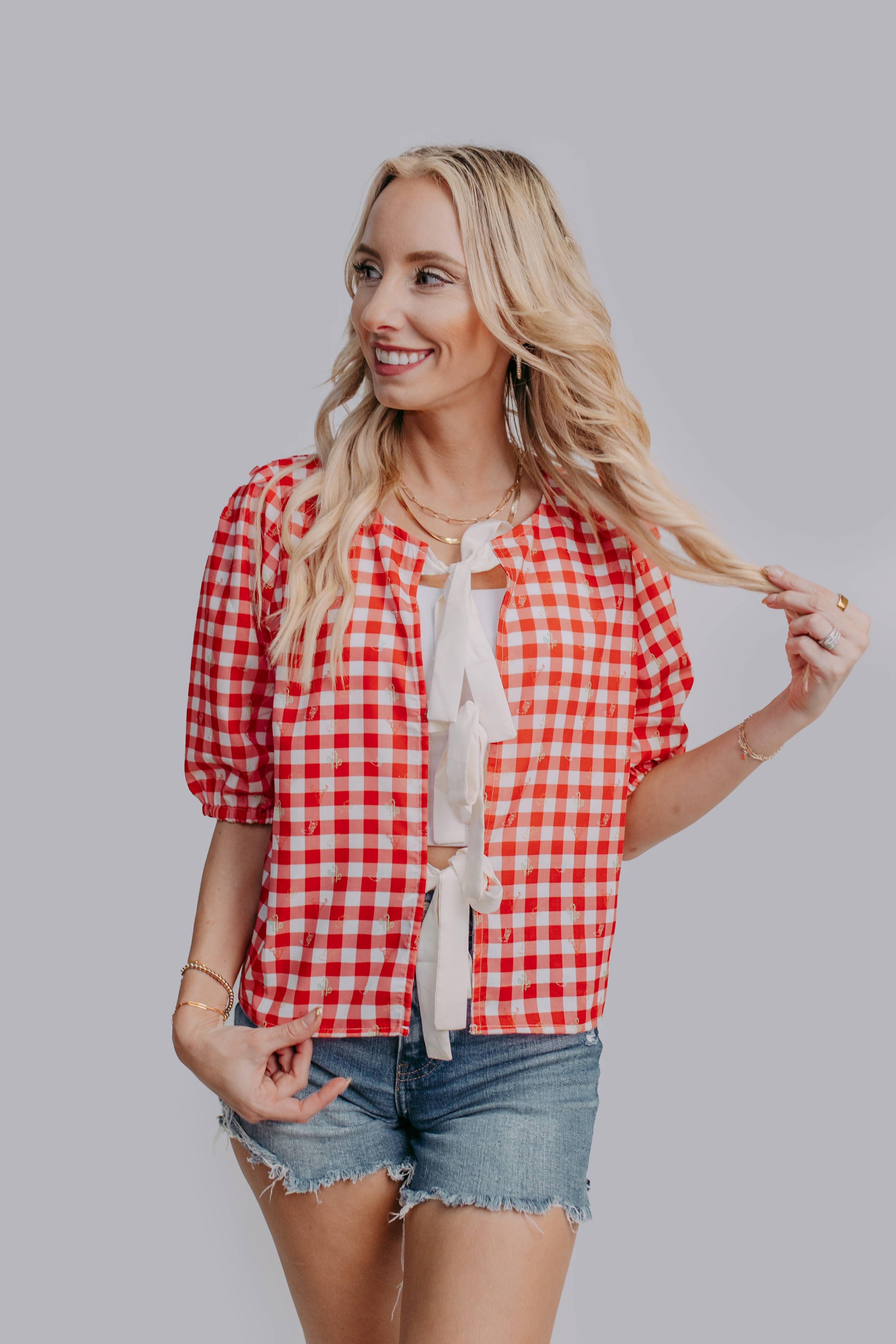 MK621 Plaid Front Tie Blouse