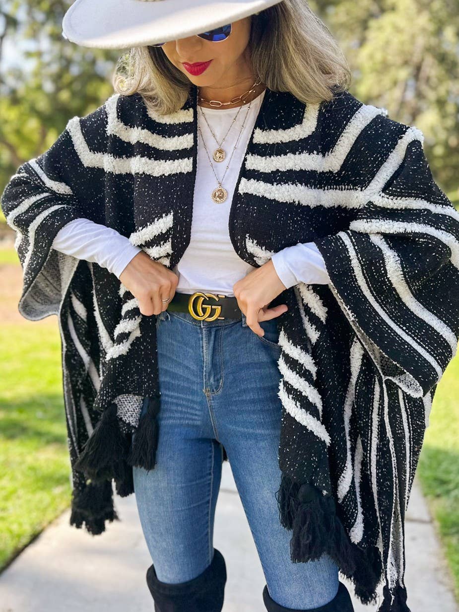 Boho Textured Chunky Knit Tassel Ruana Cardigan