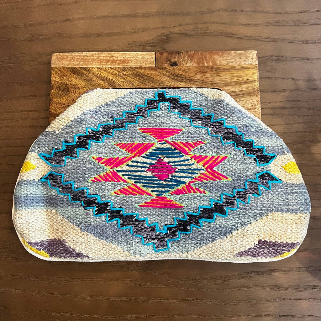 Woven Women's Clutch Bag with Wooden Handle