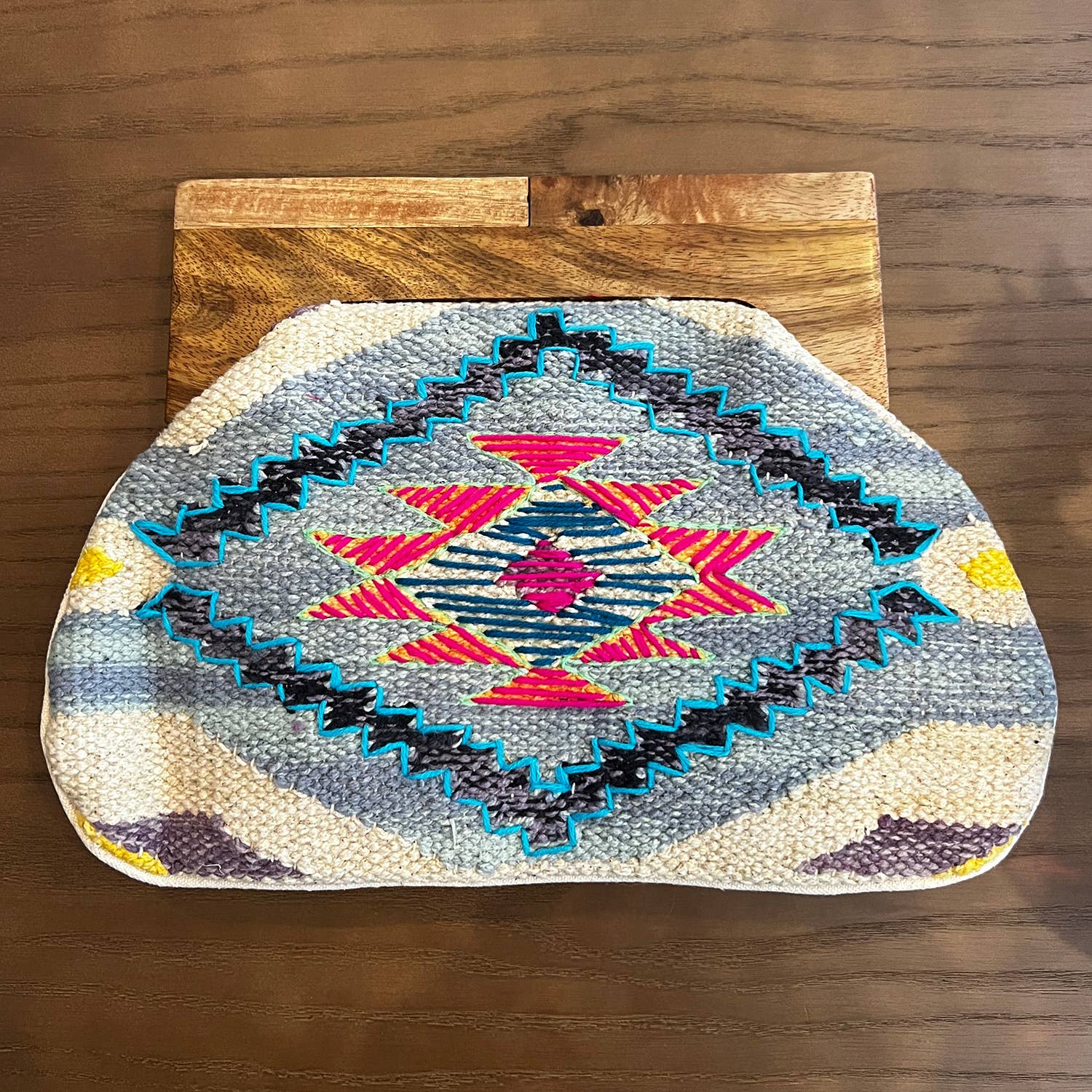 Woven Women's Clutch Bag with Wooden Handle