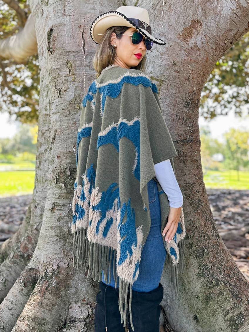 Olive Boho 3D Textured Abstract Fringe Ruana Cardigan
