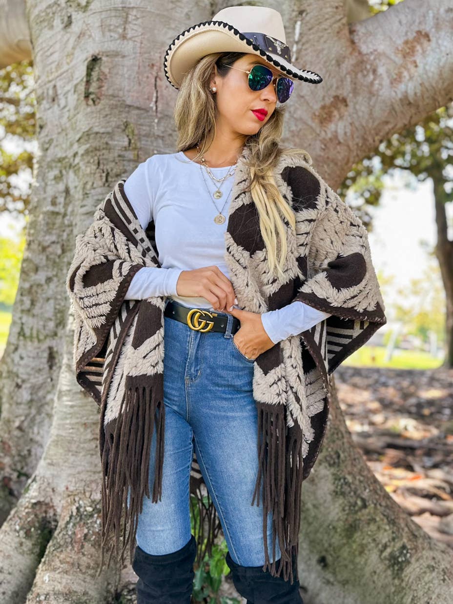 Western Boho 3D Textured Geometric Fringe Ruana Cardigan
