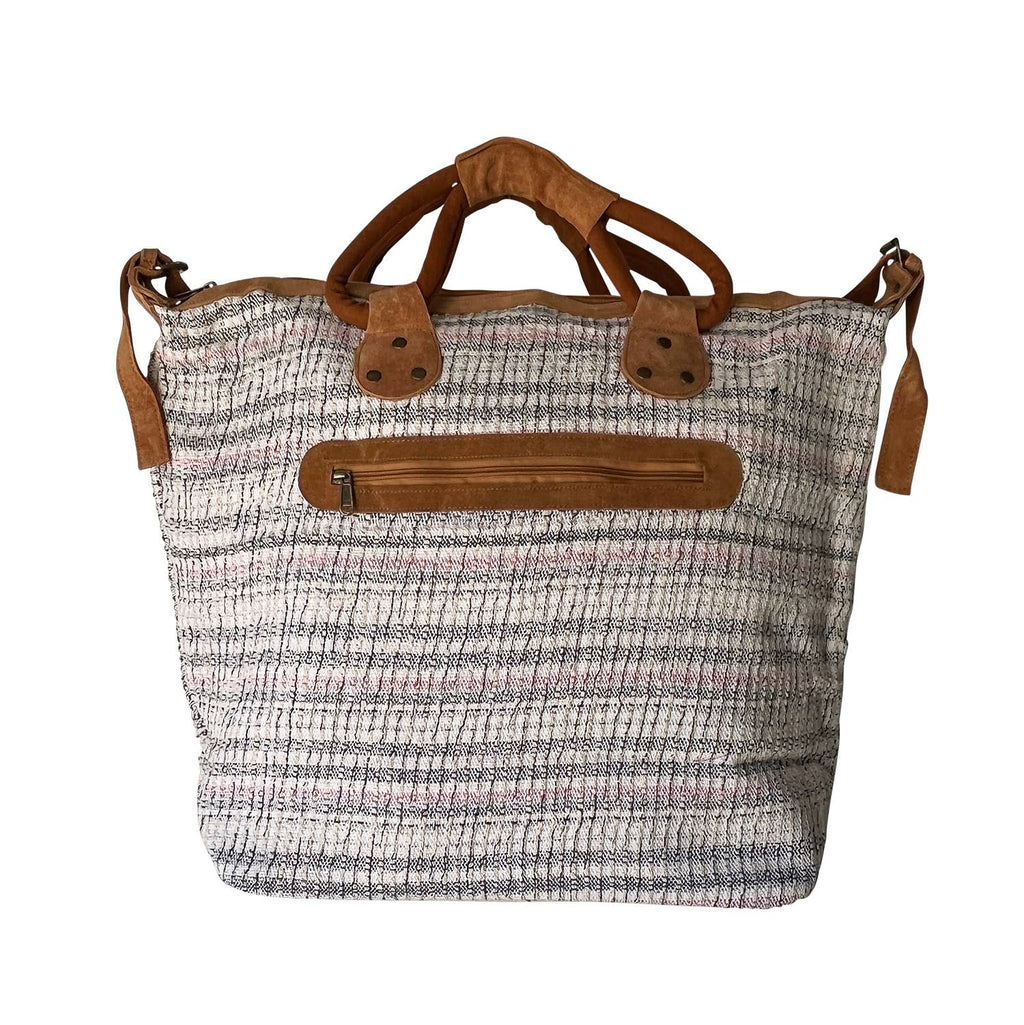 Pink Stripes Leather Handle Tote