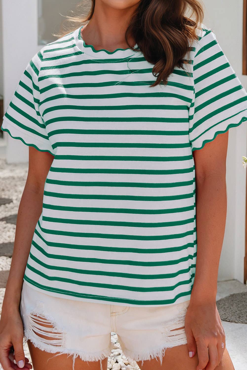 LDC Scalloped Trim Round Neck Stripe T Shirt| S-4X