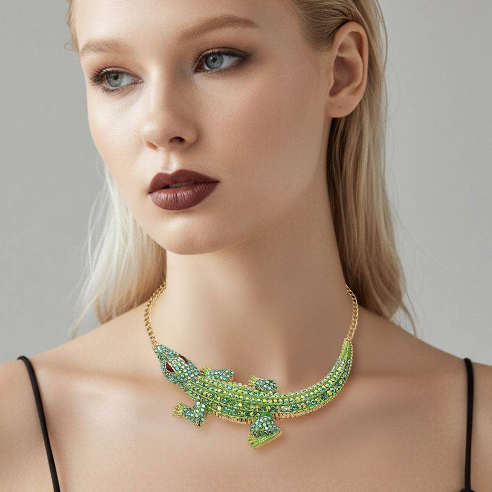 Rhinestone Paved Bold Alligator Accent Statement Necklace