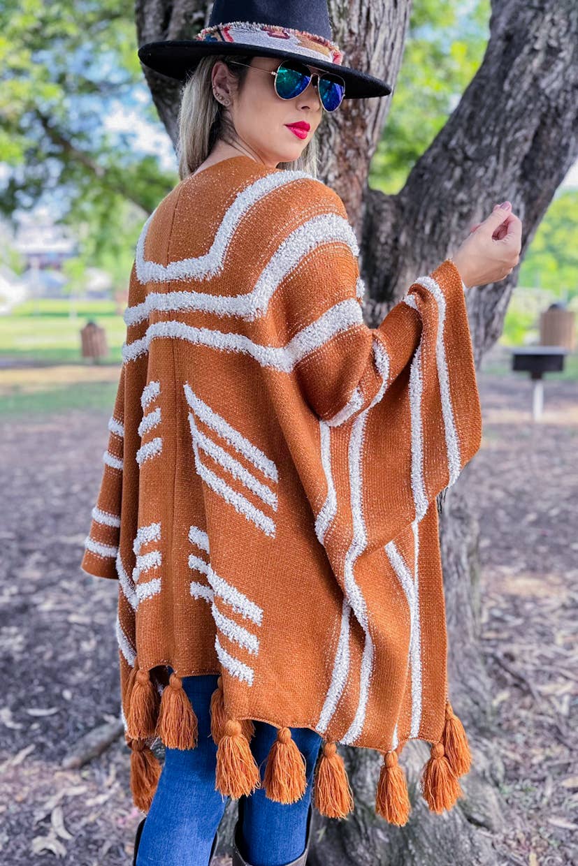 Boho Textured Chunky Knit Tassel Ruana Cardigan