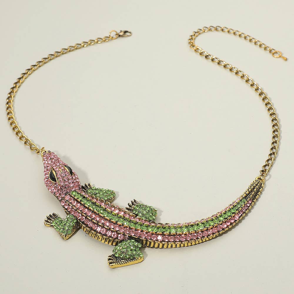 Rhinestone Paved Bold Alligator Accent Statement Necklace
