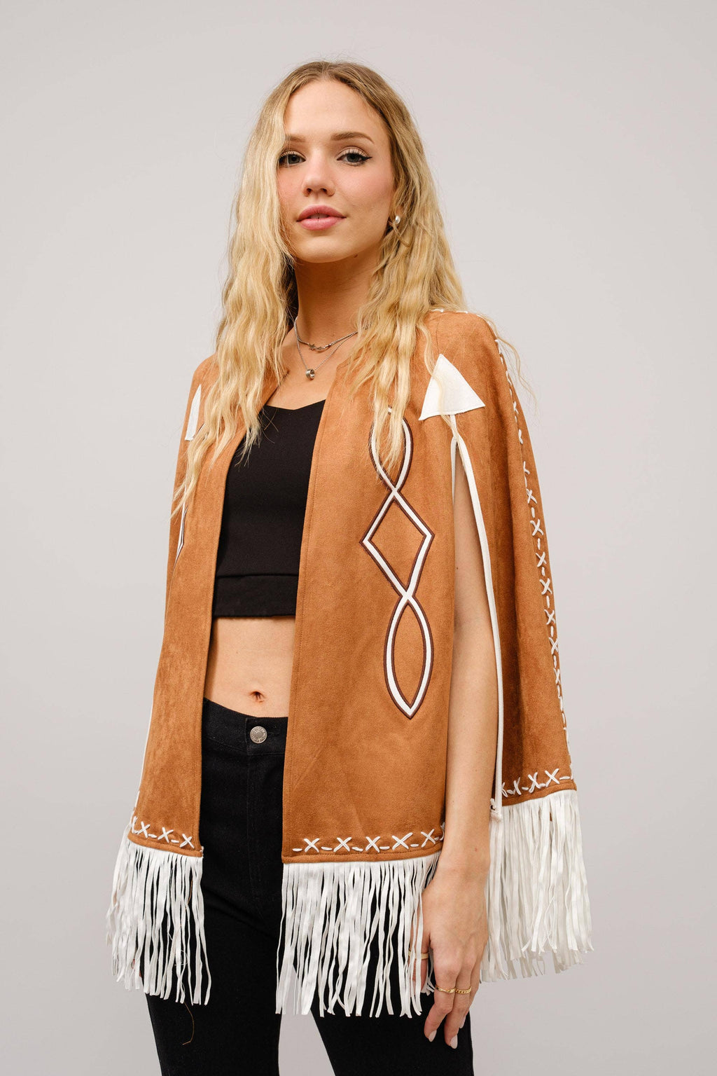 36306J - Fringe Detail Open Cape Jacket