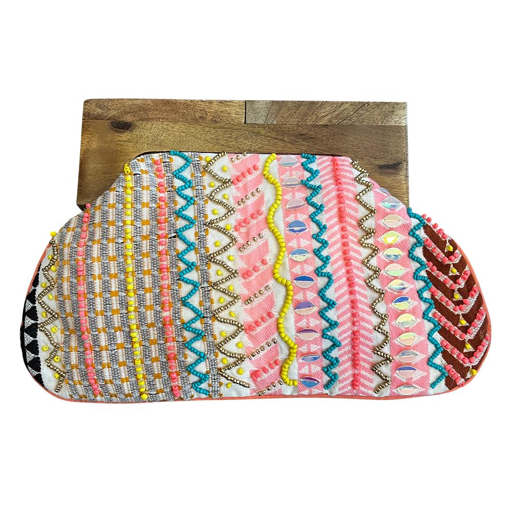 DR9693 Beaded Clutch Bag with Wooden Handle for Women
