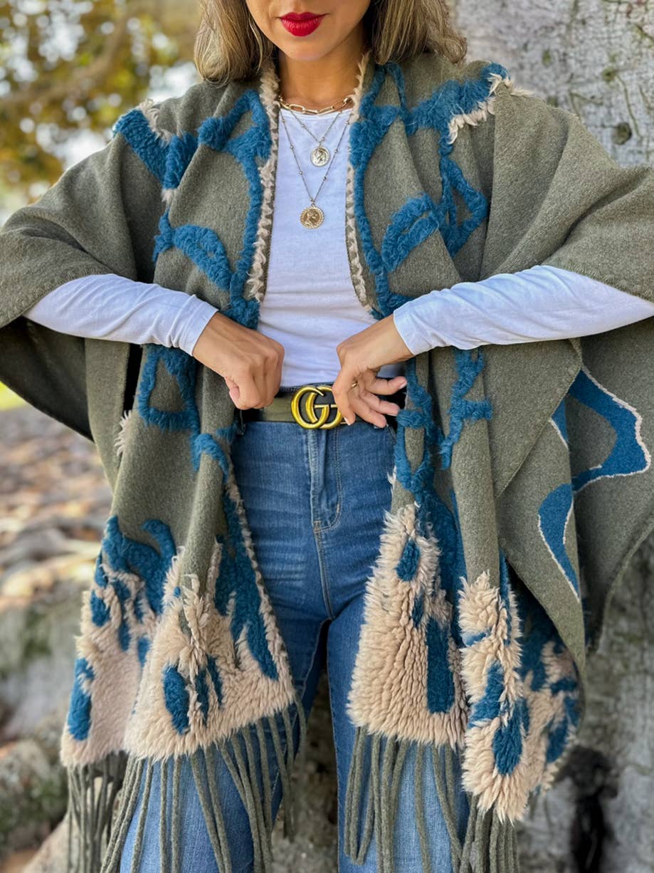 Olive Boho 3D Textured Abstract Fringe Ruana Cardigan