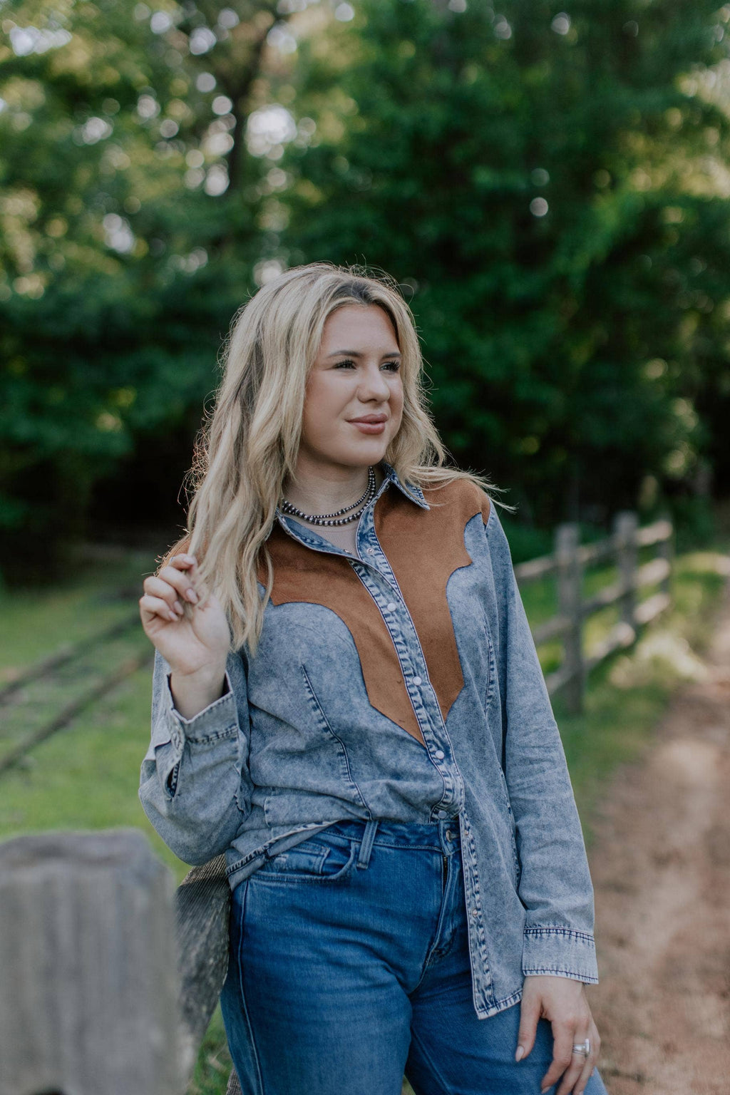 MK778 Denim Pearl Snap Button Up Shirt