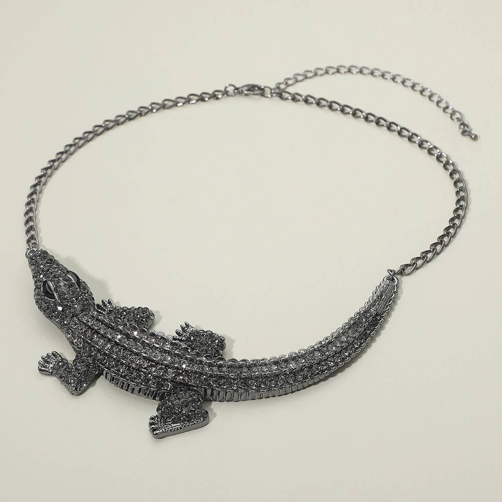 Rhinestone Paved Bold Alligator Accent Statement Necklace