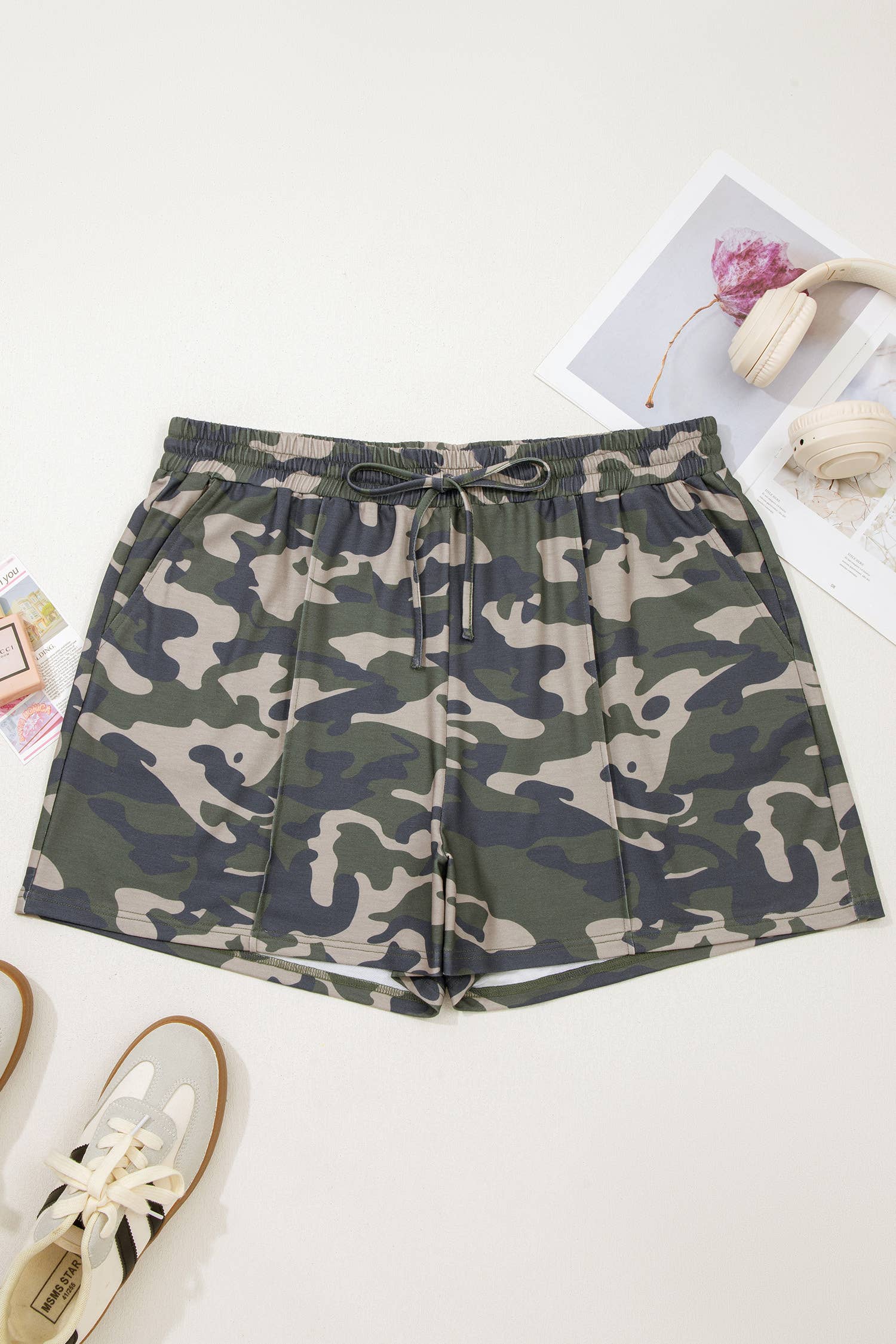 Tie Elastic Waist Pocketed Plus Size Camo Shorts