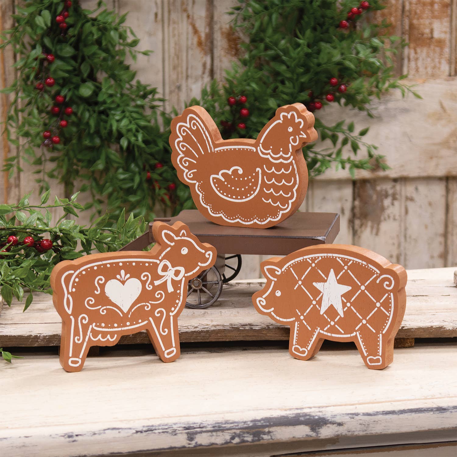 Wooden Gingerbread Farm Animal Sitter - 3 Assorted