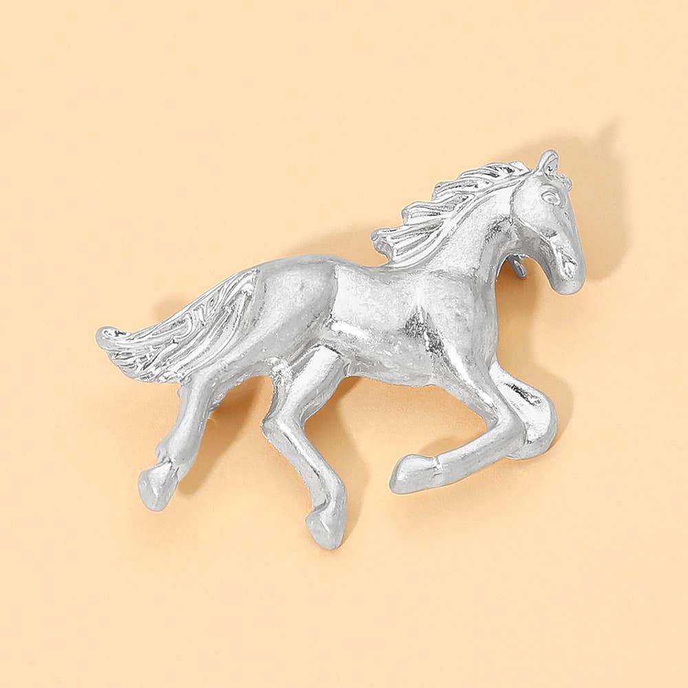 Brushed Metal Running Horse Pin Brooch