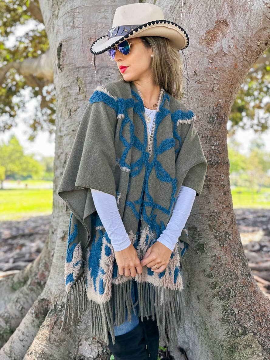 Olive Boho 3D Textured Abstract Fringe Ruana Cardigan