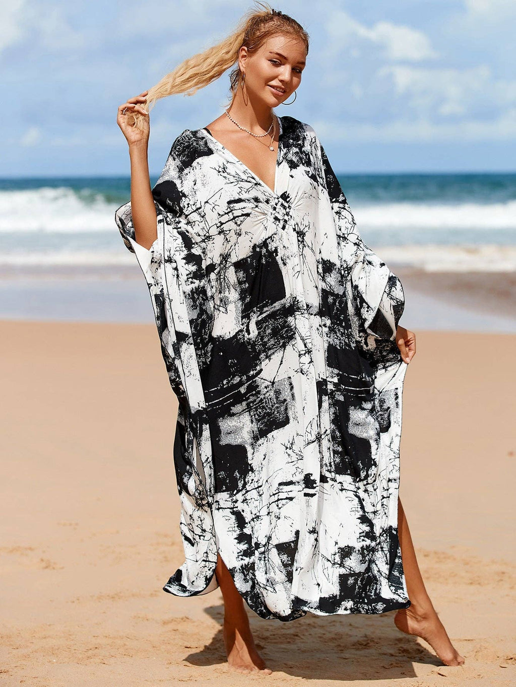 Kaftan Summer Dresses, Braided V-Neck - Black, S-3XL