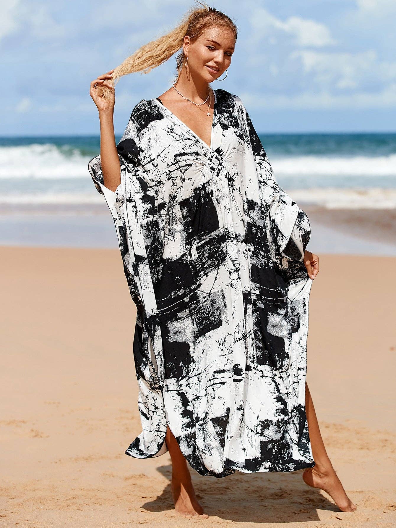 Kaftan Summer Dresses, Braided V-Neck - Black, S-3XL